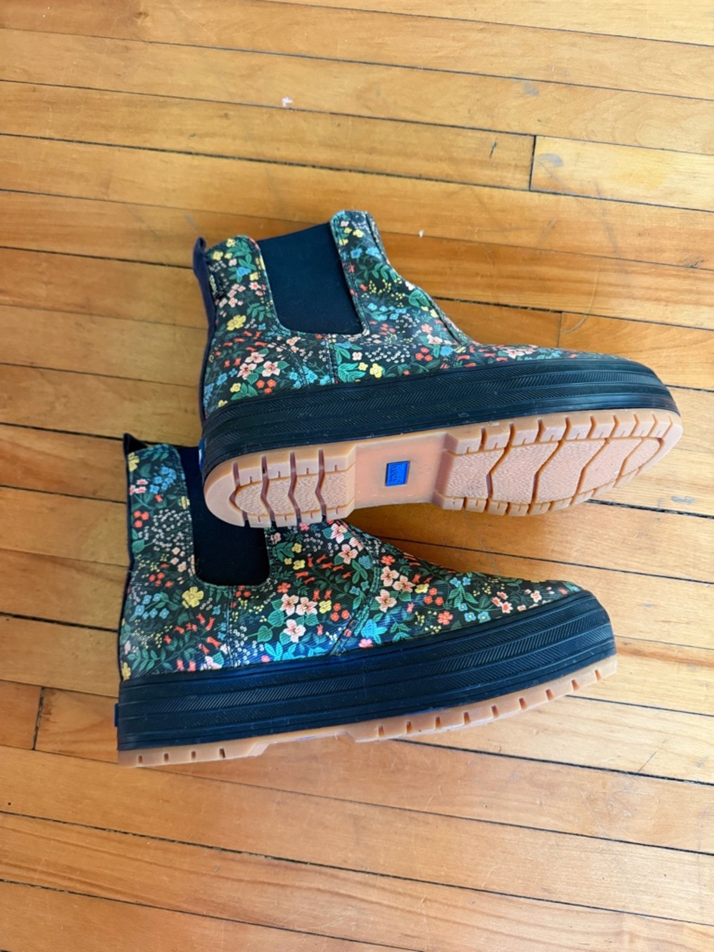 Keds x Rifle Paper Co. Floral Chelsea Rain Boots in Navy with Multicolor Flowers